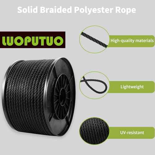 5/16 Inch 250FT Black Polyester Solid Braid Rope | High UV & Abrasion Resistance | Industrial Grade, Low Stretch | Multipurpose for Flag Poles, Clotheslines
