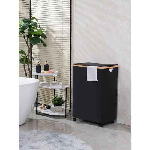 efluky Double Laundry Hamper with Wheels, Divided Laundry Hamper with Removable Bags, 2 Section Dirty Clothes Basket with Handles for Bathroom, Bedroom & Laundry Room, 160L Dark Black