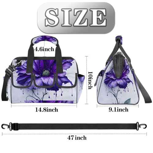 15 Inch Tool Bag 14-Pockets Tool Box Organizer for Men Big Floral Purple Tool Tote Bag Waterproof Toolbox with Shoulder Strap Heavy Duty Garden Tool Organizer for Mechanic