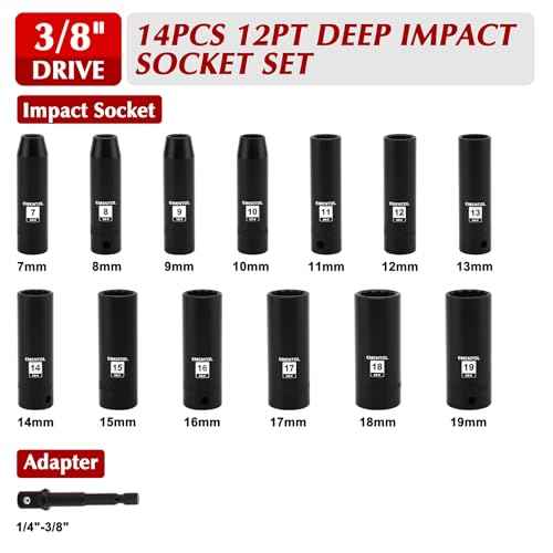 EMENTOL 14PCS 3/8"Dr. Deep Impact Socket Set, Metric, 12-Point, CR-V, 14 Pieces 3/8-Inch Drive Deep Socket Set, 7mm - 19mm