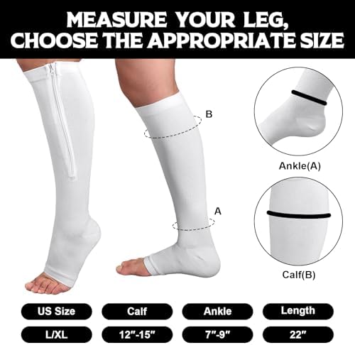 Nuanchu 3 Pairs Open Toe Zipper Compression Socks 20-30mmhg Men Compression Stockings Knee High Zipper Support Socks for Men Women Swelling Edema