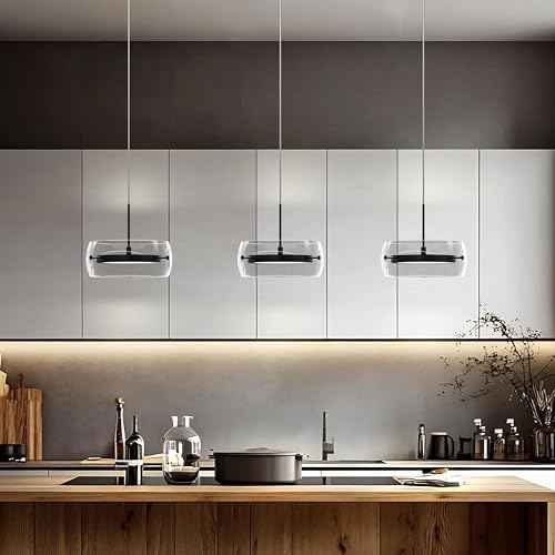 Pendant Lights Kitchen Island Dual-Sided LED Lighting, Adjustable Hanging Length,Clear Glass Shade, Dimmable, Modern Ceiling Light Fixture for Dining Room, Bar, Living Room, Matte Black