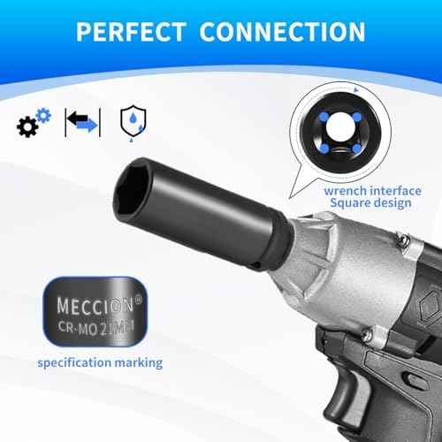 Meccion 1/2 Inch Drive Impact Socket 14mm Metric, 6 Point Cr-Mo Deep Impact Socket, 78mm Length