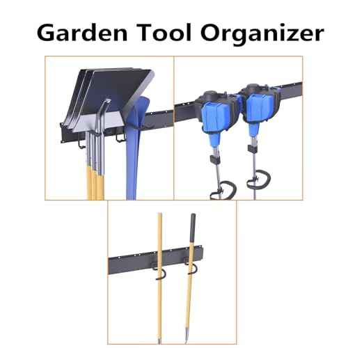 Garage Tool Organizer, 64 Inches Garden Tool Storage Rack Wall Mount, Adjustable 14 Pcs Heavy Duty Hooks, Yard Organization for Weed Wacker, Weed Eater, Shovels, Trimmers, Hoses
