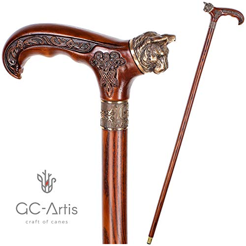Handmade Wooden Walking Cane Stick Metal Brass Bronze Cat Handle Wooden Shaft for Men & Women stylish collectible 36''