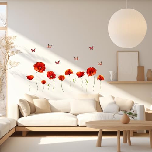 PLIGREAT Red Poppy Flowers Wall Stickers, Peel and Stick Wall Decals, Removable Vinyl Butterfly Walls Sticker for Living Room Bedroom Dining Room Home Indoor Decor DIY Art Decor