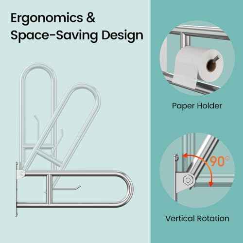 23.6 Inch Foldable Toilet Grab Bars, Bathroom Stainless Steel Handrails with Paper Holder, Handicapped Flip-Up Handles, Senior Safety Rails, Wall Mounted Hand Grips, for Elderly, Disabled, Pregnant