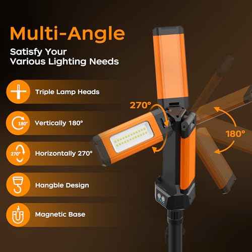 Rechargeable LED Work Light with Stand, 67" Tall Portable Cordless Work Light, 8AH Battery, 500/1500/2500 Lumen, 4000/6500K Dimmable Camping Light with Detachable Tripod Orange (Carrying Bag Included)