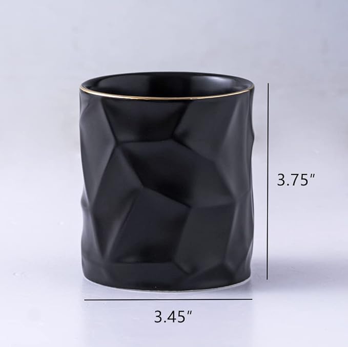Ceramic Irregular Round Pen Holder For Desk Cute Stand Gold Line Aesthetic Pencil Cup Pot Desk Organizer for Men Women Makeup Brush Holder (Black)