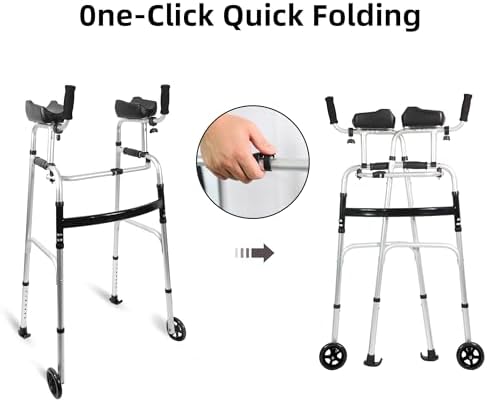 Stand Up Walker with Bearing Wheels - Height Adjustable Standard Walkers with Armrest Pad, Foldable Walker for Seniors, Elderly, Aluminum Platform Walkers with Small Bag, Silver