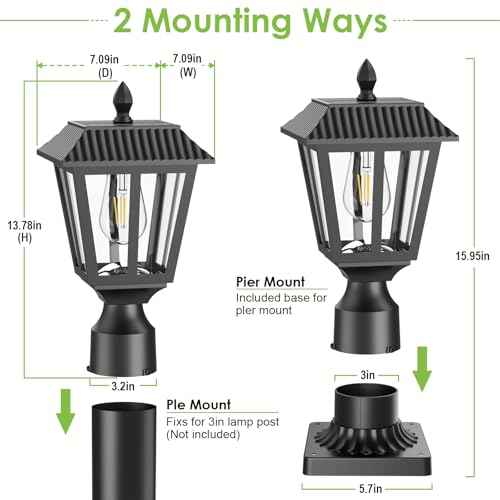 Greluna Solar Post Lamp Lights, 2 Pack 6000K Dusk to Dawn Solar Light with Pier Mount Base, Post Lights Outdoor Waterproof for Garden Yard Landscape Pole Pillar, Outside Decorative Lamp