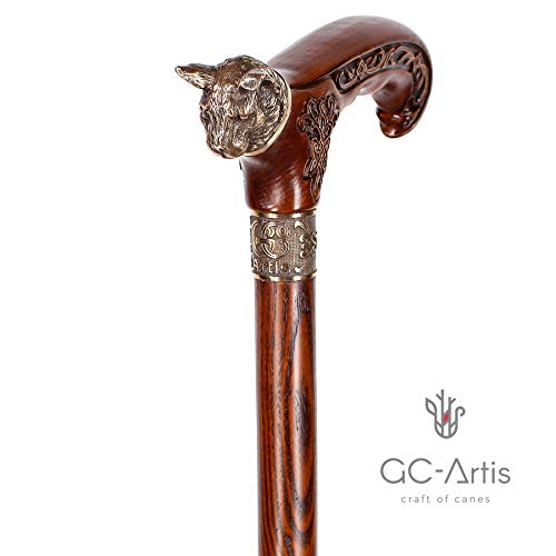 Handmade Wooden Walking Cane Stick Metal Brass Bronze Cat Handle Wooden Shaft for Men & Women stylish collectible 36''