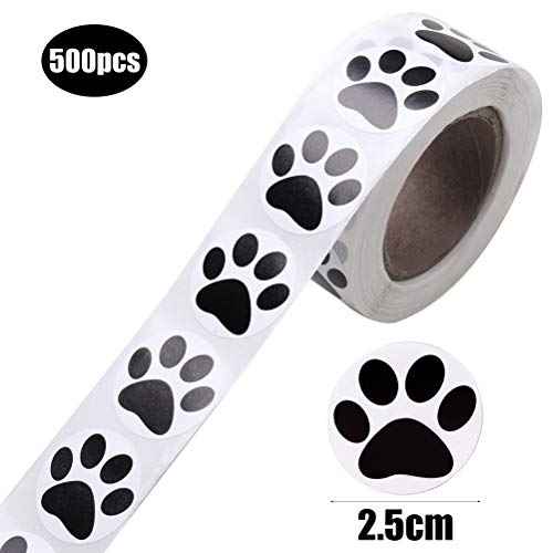 Pengxiaomei Paw Prints Stickers, Dog Paw Stickers, 500 Count, Black, Animal Print, Waterproof, Paper, Round, Indoor, Roll, Wall, Table, Scrapbook