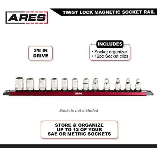 ARES 60169 ? 3/8-Inch Drive 15.5-Inch Red Twist Lock Magnetic Socket Rail - Store up to 12 Metric or SAE Sockets and Keep Your Tool Box Organized ? Magnetic Base for Easy Socket Organization