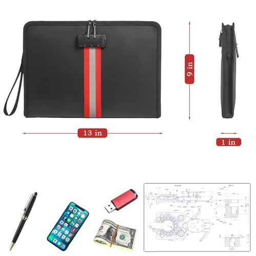 Fireproof Document Bag with Lock,13"¡¿9"¡¿1" Fireproof and Waterproof Cash Bag with Zipper, Premium Fiberglass, Fire Safe Storage for Documents, Passports, Cash, Valuables