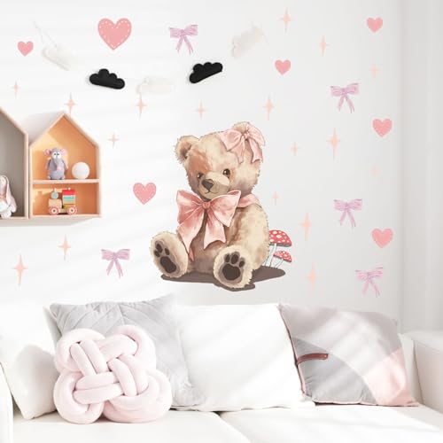Cute Teddy Bear Doll Wall Stickers for Nursery Pink Wall Decals for Kid Girl Baby Removable Peel and Stick Wall Art Home Decor Decoration for Preschool Living Room Bedroom