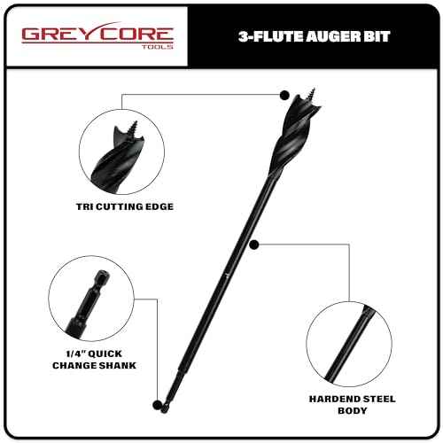 Greycore Tools 1/2 Inch x 12 Inch 3-Flute Auger Bit, Wood Drill Bit for Hard and Soft Wood, 1/4¡± Quick Change Shank, Woodworking Auger Bits (1/2¡± x 12¡± Auger)