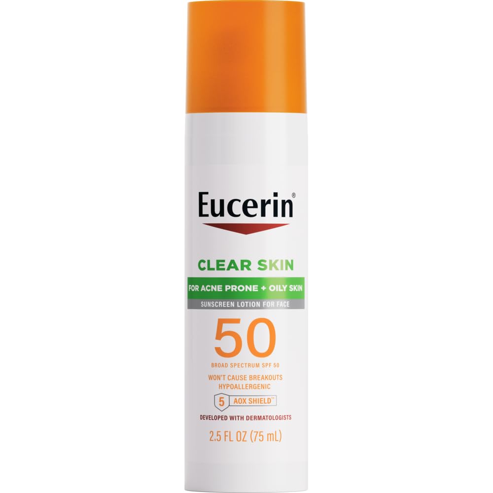 Eucerin Sun Clear Skin Face Sunscreen Lotion SPF 50 for Acne Prone and Oily Skin, Lightweight Sunscreen with Oil-Absorbing Minerals, Won't Cause Breakouts, Hypoallergenic, 2.5 Fl Oz Bottle