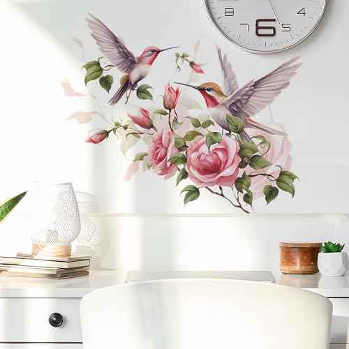 Pink Rose Hummingbird Flower Wall Stickers, sacinora Romantic Floral Art Bird Wall Decals Removable Vinyl Peel and Stick for Living Room Bedroom Nursery Playroom Kitchen Decorations