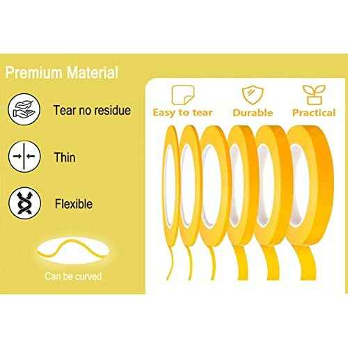6 Rolls Fine Line Tape, Automotive Yellow Painters Tape 1/16, 1/12, 1/8, 1/4, 1/2 and 3/4 Inch x 52 Yard, Fineline Masking Tape for Car Vehicles Auto Paint Art