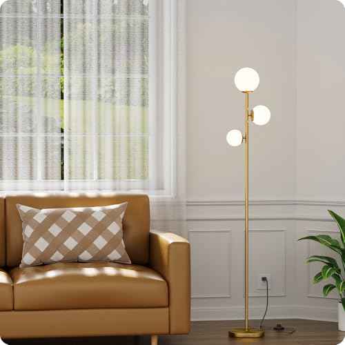 Floor lamp with 3 Frosted Glass Shades,Stangding Lamp Floor Lamps for Living Room Bedroom Office with 3 led Bulbs,Tall lamp with Foot Switch (Gold)