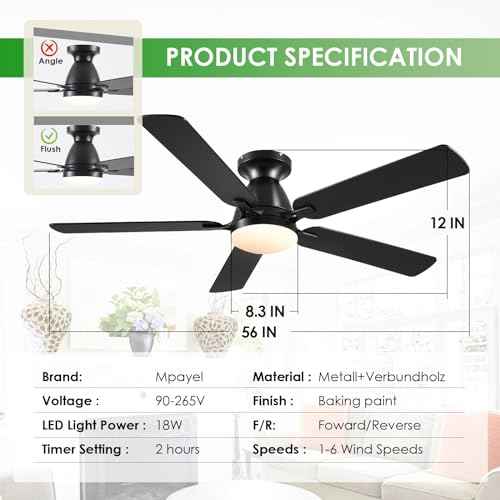 Ceiling Fans with Lights, 56" Flush Mount Ceiling Fan with Light and Remote/APP Control, Low Profile, Modern Ceiling Fan Reversible, Dimmable, Noiseless, Black for Bedroom