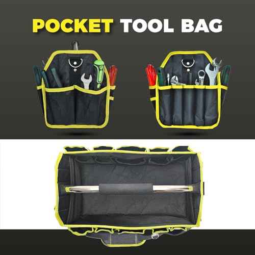 16" Open Top Tool Tote, 1680D Durable Tool Organizer for Plumber, Electrician, HVAC Technicians. Trade Professionals Tool Bag, Tool Bag with Detachable Strap (Yellow with SS Handle, 16 Inches)