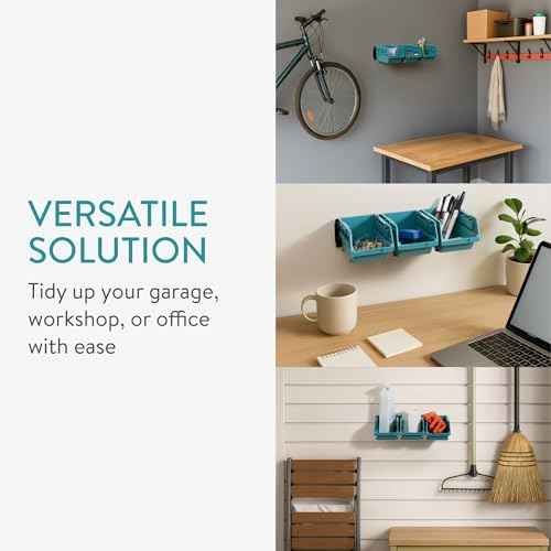 Navaris Storage Bins - Interlocking Plastic Van Boxes - Wall Mounted Compartments for Screws Nails Small Tool Parts - Workshop, Garage, Drawer Shed Bolt Organizer - 3 Bins & 1 Rail