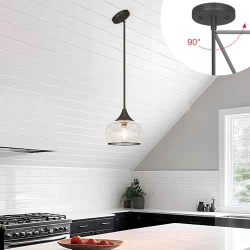 Black Pendant Light - Modern Pendant Lights Kitchen Island with Handblown Glass, Vintage Hanging Light for Kitchen with Adjustable Height, Lithging Fixture for Dining Room Sink