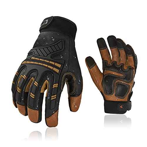 Vgo... 1-Pair High Dexterity Water Repellent Goat Leather Heavy Duty Mechanic Glove,Rigger Glove,Anti-Vibration,Anti-Abrasion,Touchscreen (Size L,Brown,GA8954)