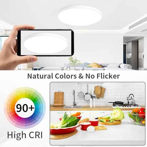 24 Inch Flush Mount Ceiling Light Fixture, Dimmable with Remote, 3000K-6500K Adjustable Color, 48W 4800Lm Ultra Thin Modern Round LED Ceiling Light, White for Bedroom, Kitchen, Living Room