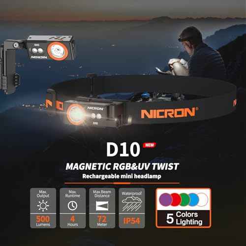 NICRON D10 EDC Flashlight Rechargeable£¬500 Lumens 3 Sources Pocket Compact RGB Flashlight with Headlamp Strip£¬Magnet Base for Fishing Outdoor Working