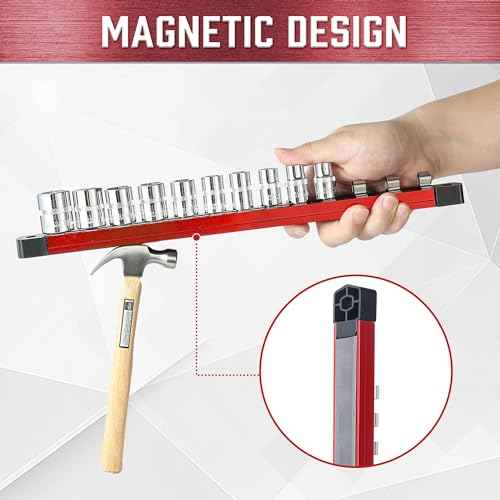 ALOANES 3-Piece Magnetic Socket Organizer, Heavy Duty Aluminum Socket Rails Organizer, Socket Rail Holder for Tool Box, 1/4-Inch Socket Holder x 45 Stainless Clips (Red)