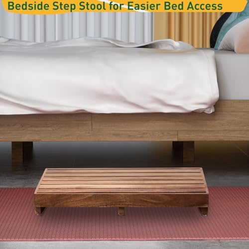 Acacia Wood Step Platform (25'' L x 16'' W x 3.8'' H, No Assembly Required), Outdoor Steps with Non-Skip Pads for Seniors, Wooden One Step Stool for Bed, Stair, Bathroom, Kitchen, Garden