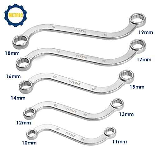 Offset S-Style Box End Wrench Set, 5-Piece, Chrome Vanadium Steel, 10x11mm, 12x13mm, 14x15mm, 16x17mm, 18x19mm