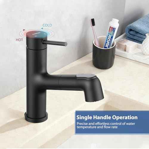 HURRAN Pull-Out Bathroom Faucet, Single Lever Basin Mixer with 2 Water Flow Modes, Short Design, Stainless Steel, Matte Black