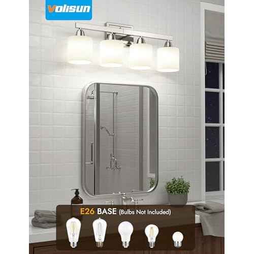 VOLISUN Brushed Nickel Bathroom Light Fixtures, 4-Light Bathroom Vanity Lights Over Mirror, Modern Vanity Light for Bathrooms, Bathrooms Lights Fixtures Over Mirror with Milky White Glass Shades