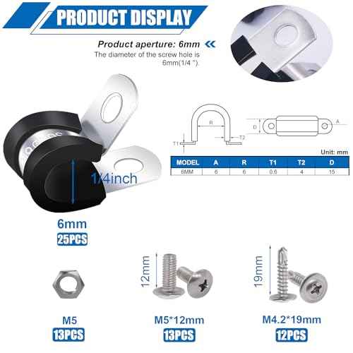 Twidec/50PCS 1/4 Inch Cable Clamp 304 Stainless Steel Rubber Coated Cushion Pipe Clamps,Metal Clamp,With Metal Rubber Clips For Automotive Wire Tube Pipe Clamps N-056-1/4
