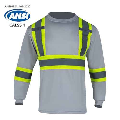 VENDACE Men's High Vis Safety Work T Shirt ANSI Class 1 Reflective Long Sleeve Shirt with Pocket(Grey,L)