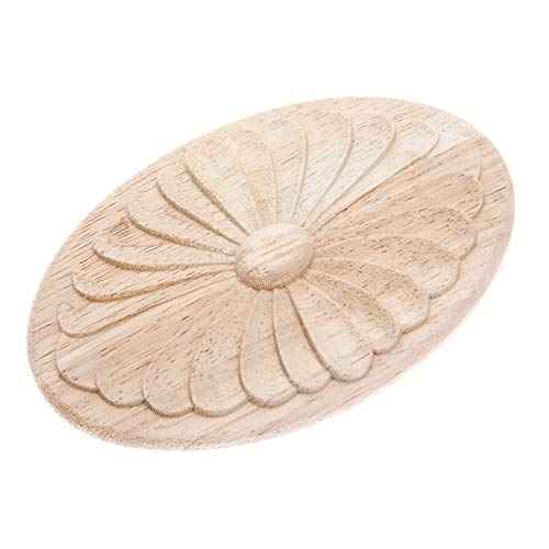 MUXSAM 1Pc Simple Unpainted Solid Wood Carved Oval Flower Pattern Door Central Applique Onlay Decal for Furniture 14.5x10cm