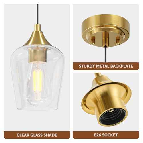 VONLUCE Pendant Lights Kitchen Island, Brushed Gold Pendant Light Fixtures with E26 Base & Adjustable Cable, Modern Pendant Lighting with Glass Shade for Living Room Bedroom Hallway, 2 Packs