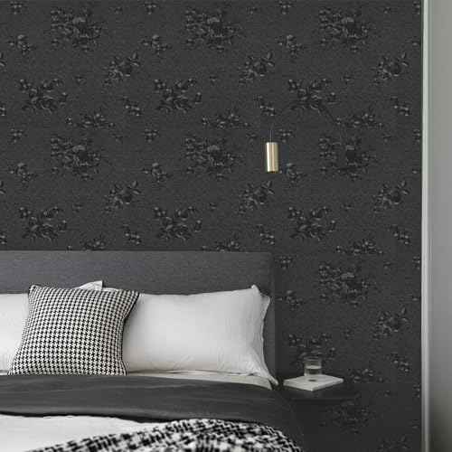 TANONE Black Peel and Stick Wallpaper 17.7" X 236" Black Embossed Floral Contact Paper Self Adhesive Removable Textured Wallpaper Vinyl Thicken Wall Paper for Wall Furniture Cabinet Drawer Dresser