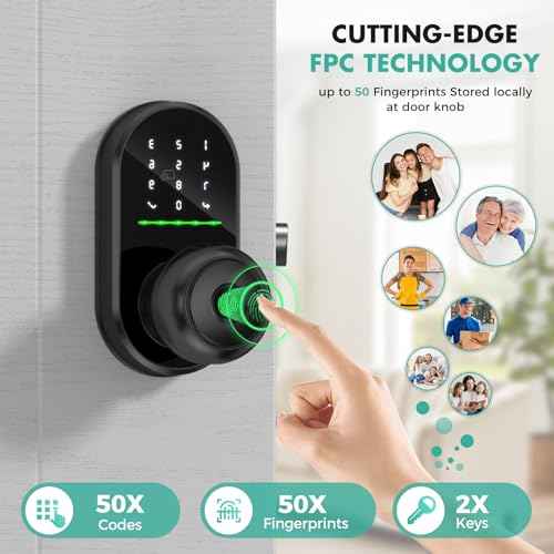 Keypad Smart Door Lock with Knob, Keyless Entry Door Lock, Fingerprint Door Knob for Front Door, Electronic Code, App Remote Control, Easy Installation, Auto Lock,Black