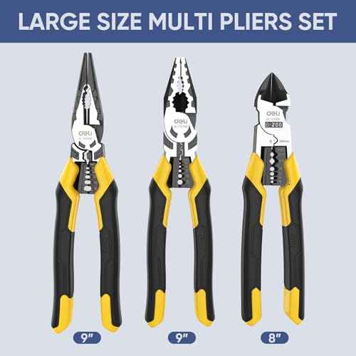 DELI 3PCS Pliers Set, Large 7 in 1 Multifunctional Wire Stripper Crimper Cutter, 9" Long Nose, 9" Linesman, 8" Diagonal Side Cutting