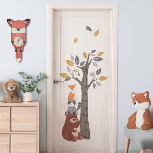 Yovkky Kids Height Chart Wall Decals Stickers, Woodland Animals Tree Toddler Baby Growth Measurement Nursery Decor, Forest Bear Raccoon Fox Owl Leaves Home Decorations Bedroom Playroom Art