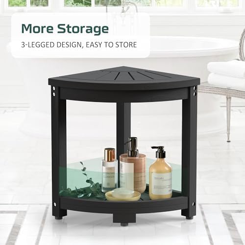 Corner Shower Stool for Inside Shower, HIPS Waterproof Shower Bench Seat Chair, Plastic Bath Shower Stool for Shaving Legs Foot Rest with Storage Shelf, Adjustable & Non-Slip Feet, Black