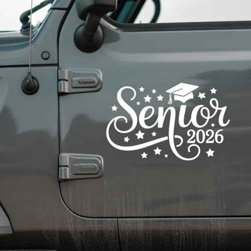 Senior 2026 Graduation Decal with Cap and Stars, Script Font Class of 2026 Sticker Waterproof Vinyl Car Laptop Window Decoration School Spirit Graduate Gift 7 Inches
