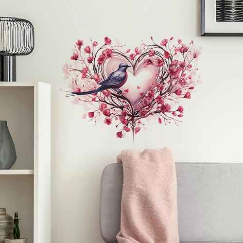 Pink Rose Love Heart Hummingbird Flower Wall Stickers,sacinora Valentine Romantic Love Floral Art Wall Decals Removable Vinyl Peel and Stick for Valentine's Day Wedding Anniversary Living Room Bedroom