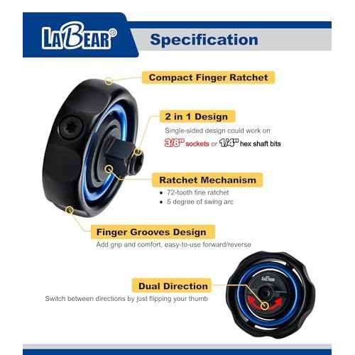 LABEAR- 3/8" Drive Gimbal Ratchet with 1/4" bit holder, Palm Ratchet Handle, 72 Tooth