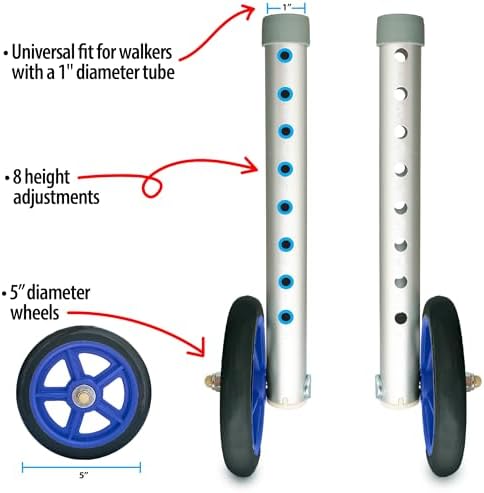 Universal Walker Wheel Kit: 5 Inch Sport Wheels and FlexFit Ski Glides (Dark Blue)